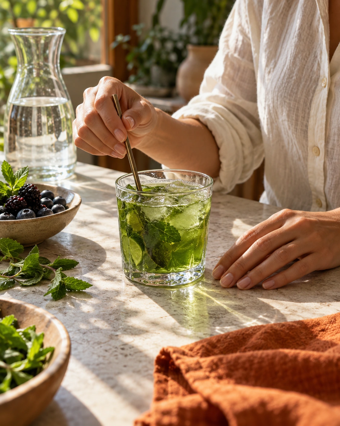 Preparando una bebida verde en una mesa con luz natural